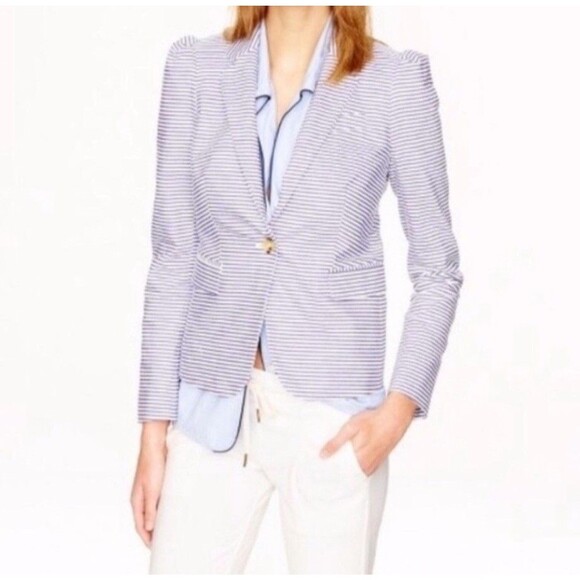 J Crew Women Nautical Striped Seersucker Blazer SZ 6 Petite Preppy Schoolboy - Picture 1 of 13